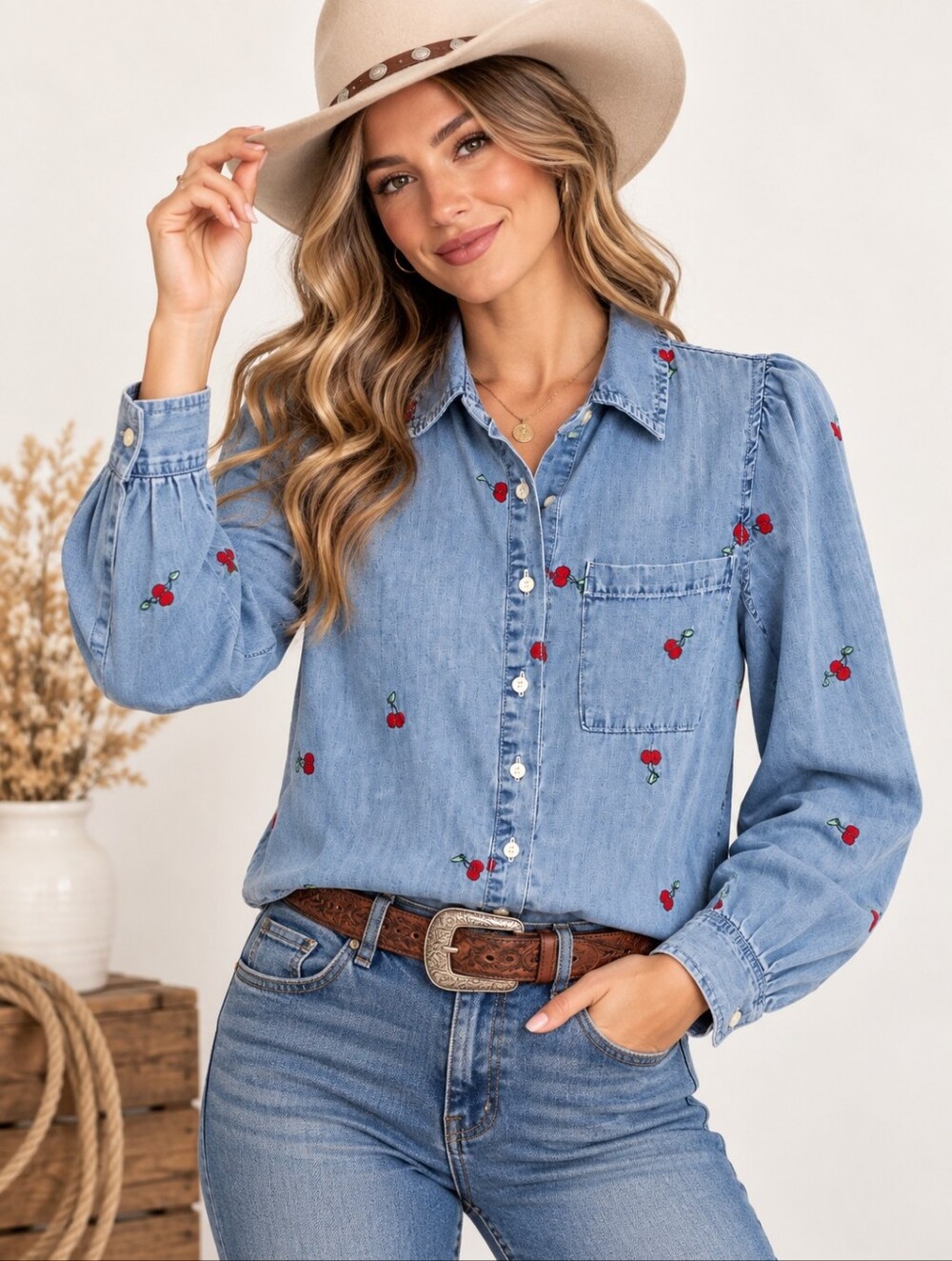 Madewell Cherry Embroidered Chambray Denim Shirt Women’s S Puff Sleeve Western